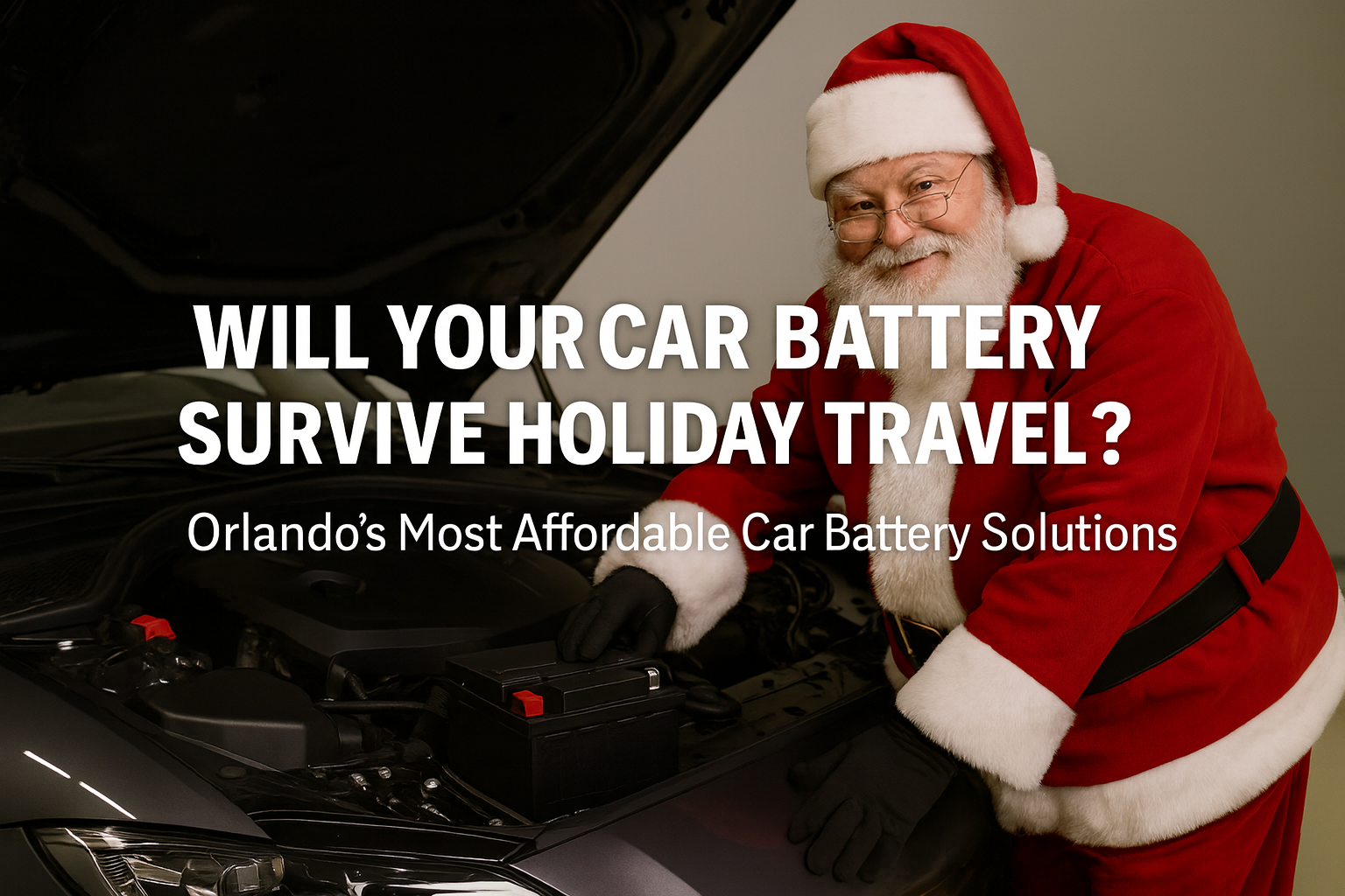 Car battery recharge or replce image Santa checking a car battery under the hood of a modern sports car with headline βWill Your Car Battery Survive Holiday Travel? β Orlandoβs Most Affordable Car Battery Solutions.